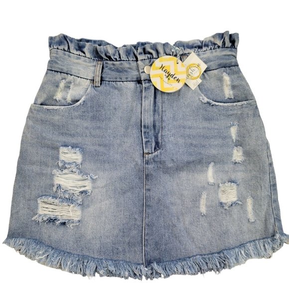 Hayden Dresses & Skirts - Hayden Denim Jean Skirt NEW Paperbag Ruffle Waist Sz M Distressed Pockets Light